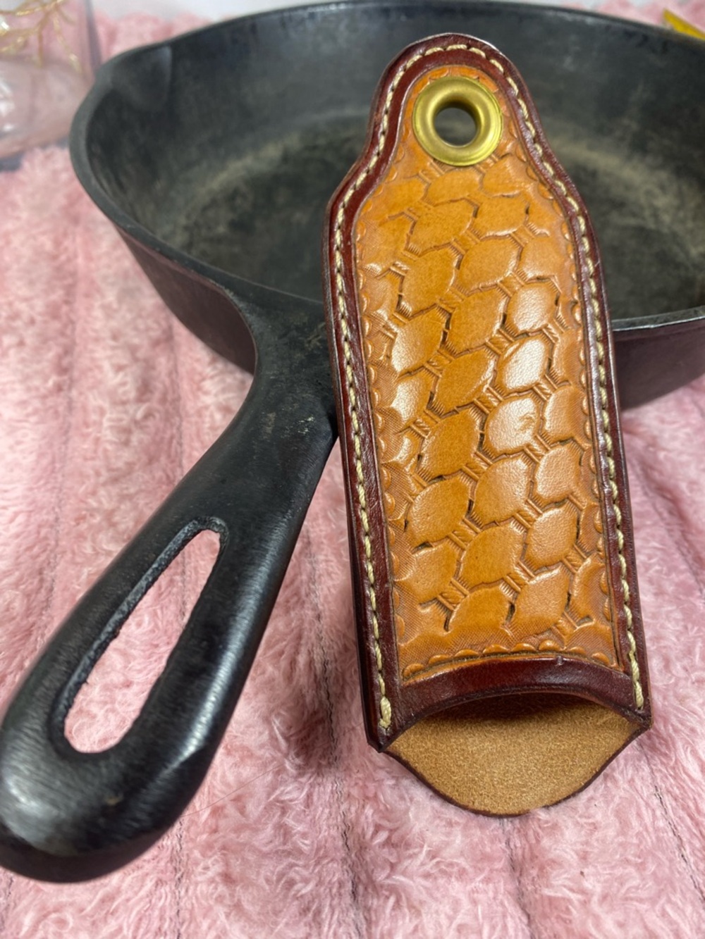 Handcrafted Leather Cast Iron Handle Cover - Tan/Brown